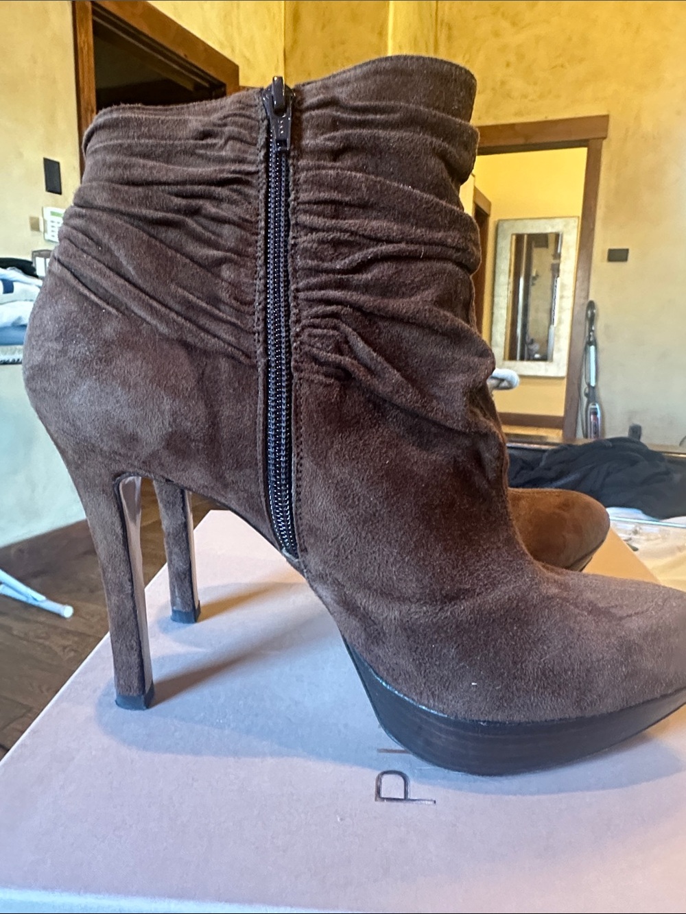 Pura Lopez Cognac Suede Ruched Ankle Booties - Picture 2 of 5